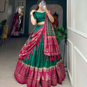 Women's Stitched Ethnic Lehenga Choli with Zari Border and Contrast Dupatta