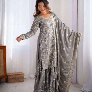 Women's Chinon Silk Embroidery Sequence Work Straight Kurti With Sharara Suit and Dupatta Set