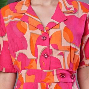 Women's Pink & Orange Abstract Print Cotton Shirt Dress