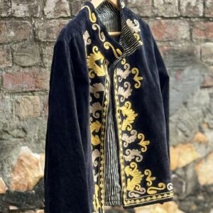 Womens Black Velvet Embroidered Jacket with Floral Design