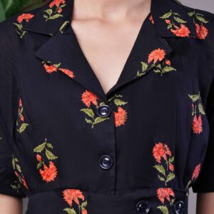 Women's Elegant Indigo & Orange Floral Block Print Cotton Shirt Dress