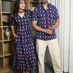 Couple Matching Navy Blue Cotton Anarkali Midi Dress and Shirt Set ? Red & White Abstract Print