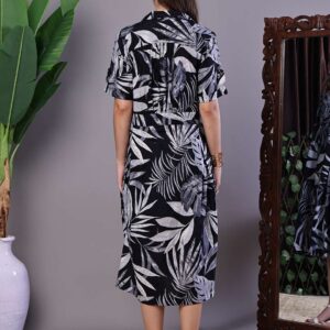 Women's Tropical Palm Print Black & White Cotton Shirt Dress