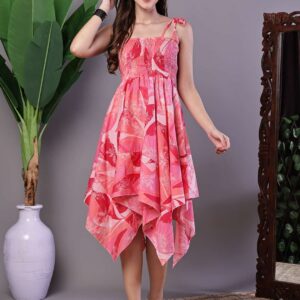 Women's Pink Printed Cotton Handkerchief Hem Midi Dress Midi Dresses