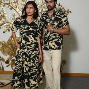 Couple Matching Black Printed Cotton Anarkali Midi Dress & Shirt Set ? Summer Casual Wear