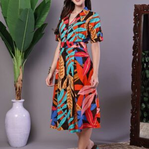 Women's Leaf Print Button-Down Cotton Midi Dress