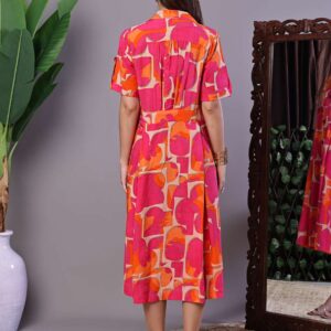 Women's Pink & Orange Abstract Print Cotton Shirt Dress