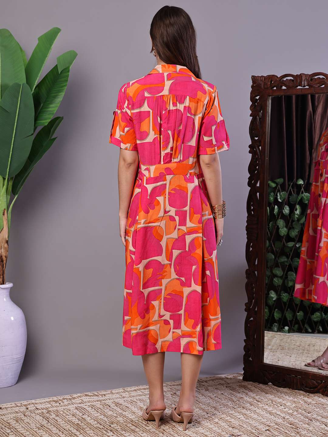 Women's Pink & Orange Abstract Print Cotton Shirt Dress - Image 2