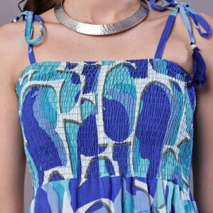 Women's Blue Printed Cotton Handkerchief Hem Dress Midi Dresses