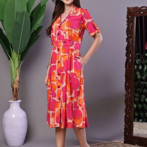 Women's Pink & Orange Abstract Print Cotton Shirt Dress