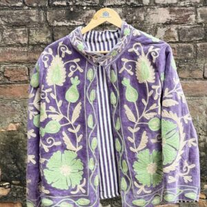 Womens Purple Velvet Embroidered Jacket with Floral Design