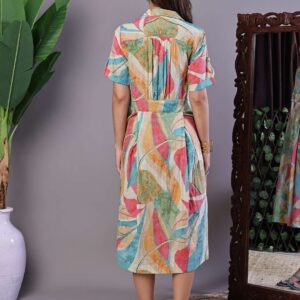 Women's Pastel Abstract Print Button-Down Cotton Midi Dress