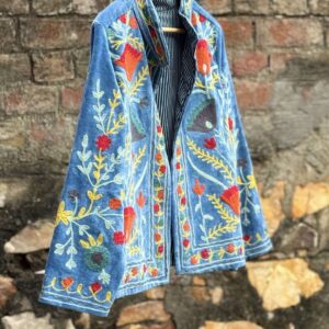 Womens Light Sky Blue Velvet Embroidered Jacket with Floral Design