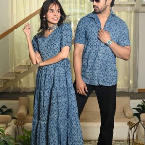Couple Matching Blue Cotton Anarkali Midi Dress and Shirt Set ? Geometric Block Print