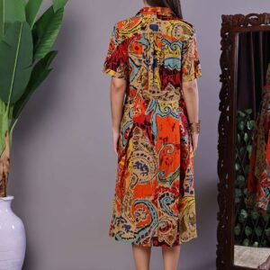 Women's Bohemian Chic Multi-Color Paisley Print Cotton Collared Midi Dress