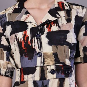 Women's Beige & Black Abstract Print Cotton Shirt Dress Midi Dresses