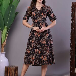 Women's Chic Black & Rust Floral Print Button-Front Midi Dress
