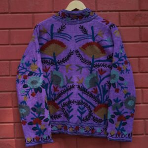 Womens Dark Purple Velvet Embroidered Jacket with Floral Design