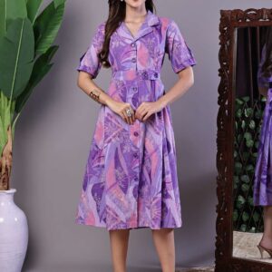 Women's Purple Abstract Print Cotton Shirt Dress