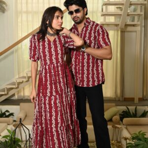 Couple Matching Red Cotton Anarkali Midi Dress and Shirt Set ? Vertical Vine Block Print