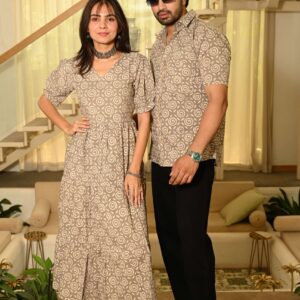 Couple Matching Beige Cotton Anarkali Midi Dress and Shirt Set ? Swirl Block Print