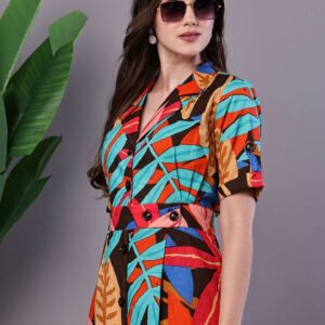 Women's Leaf Print Button-Down Cotton Midi Dress