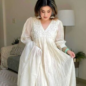 Women's Chanderi Silk Embroidered Anarkali Kurti With Pant and Dupatta