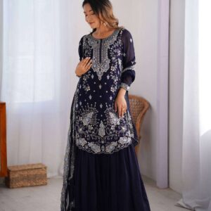 Women's Faux Georgette Sequins & Thread Work Straight Kurta With Sharara Suit and Dupatta Set