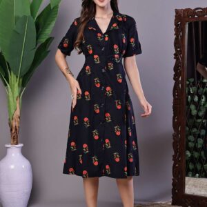 Women's Elegant Indigo & Orange Floral Block Print Cotton Shirt Dress
