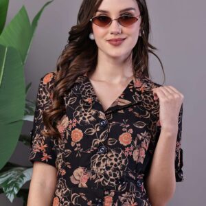 Women's Chic Black & Rust Floral Print Button-Front Midi Dress