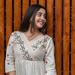 Women's Cotton Embroidered Short Anarkali Gown (Off White)