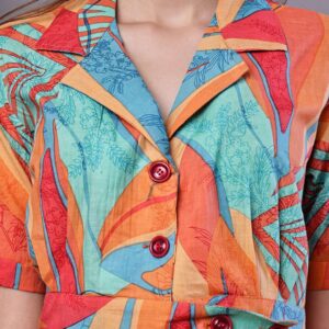 Women's Tropical Print Button-Down Cotton Midi Dress