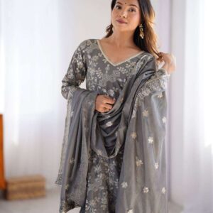 Women's Chinon Silk Embroidery Sequence Work Straight Kurti With Sharara Suit and Dupatta Set