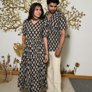 Couple Matching Black & Beige Cotton Anarkali Midi Dress and Shirt Set ? Leaf Print Twinning Outfit
