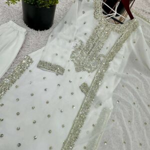 Women's Georgette Embroidery Sequence Work with Rivet Moti Work Straight Kurti With Pant and Dupatta Set