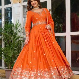 Women's American Silk Sequence Embroidery Long Anarkali Kurti (Gown) With Dupatta