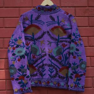 Womens Dark Purple Velvet Embroidered Jacket with Floral Design