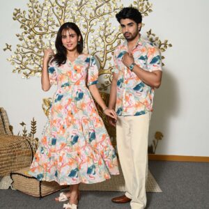 Couple Matching Abstract Print Cotton Anarkali Midi Dress & Shirt Set ? Multicolor Summer Outfit