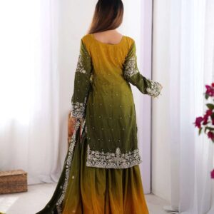 Women's Chinon Silk Sequence With Rivet Moti Work Straight Kurta With Sharara and Dupatta Set