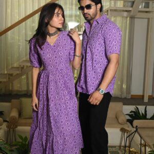Couple Matching Purple Cotton Anarkali Midi Dress and Shirt Set ? Geometric Wave Print