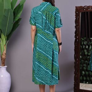 Women's eal Green Striped Cotton Midi Shirt Dress