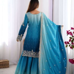 Women's Chinon Silk Sequence With Rivet Moti Work Straight Kurta With Sharara and Dupatta Set