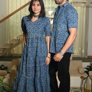 Couple Matching Blue Cotton Anarkali Midi Dress and Shirt Set ? Geometric Block Print