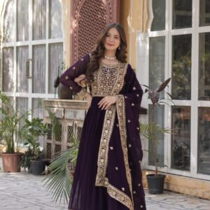 Women's Luxurious Plum Velvet Anarkali Gown with Heavy Gold Zari & Sequin Embroidery – Perfect for Weddings & Grand Festivities