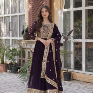 Women's Luxurious Plum Velvet Anarkali Gown with Heavy Gold Zari & Sequin Embroidery – Perfect for Weddings & Grand Festivities