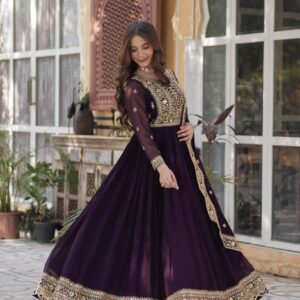 Women's Luxurious Plum Velvet Anarkali Gown with Heavy Gold Zari & Sequin Embroidery – Perfect for Weddings & Grand Festivities