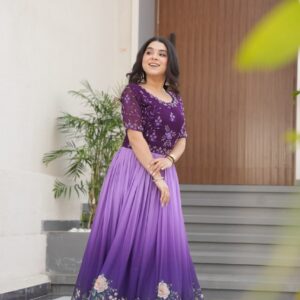 Women's Elegant Teal & Aqua Ombre Gown with Floral Printed Flair & Embellished Bodice – Perfect for Summer Festivities & Parties