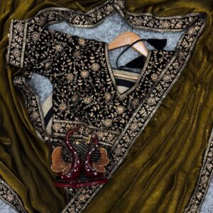 Women's Luxe Olive-Gold Silk Saree with Heavily Embellished Blouse & Border – Ideal for Evening, Wedding & Reception Wear