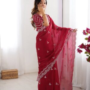 Women's Elegant Regal Purple Georgette Saree with Intricate Silver Thread & Sequin Embroidery – Complete with Embellished Blouse Piece for Festive & Party Wear