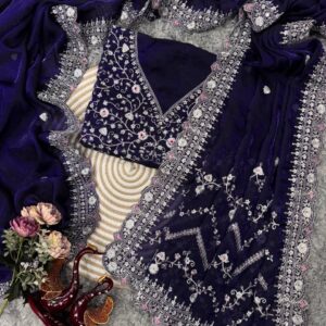 Royal Blue Embroidered Blouse Piece with Intricate Mirror, Sequin & Floral Threadwork – Ready-to-Stitch Fabric for Sarees & Festive Ethnic Wear